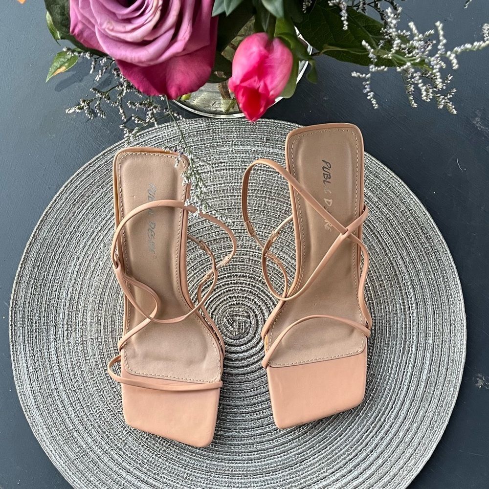 Public Desire Peach Square Toe Strappy High Heel Sandals, 5 NWOT